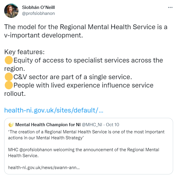 image of a tweet from Professor Siobhan O'Neill about the Regional Mental Health Service