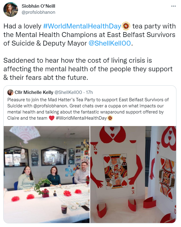 image of a tweet from Professor Siobhan O'Neill about her visit to the Survivors of Suicide Tea Party